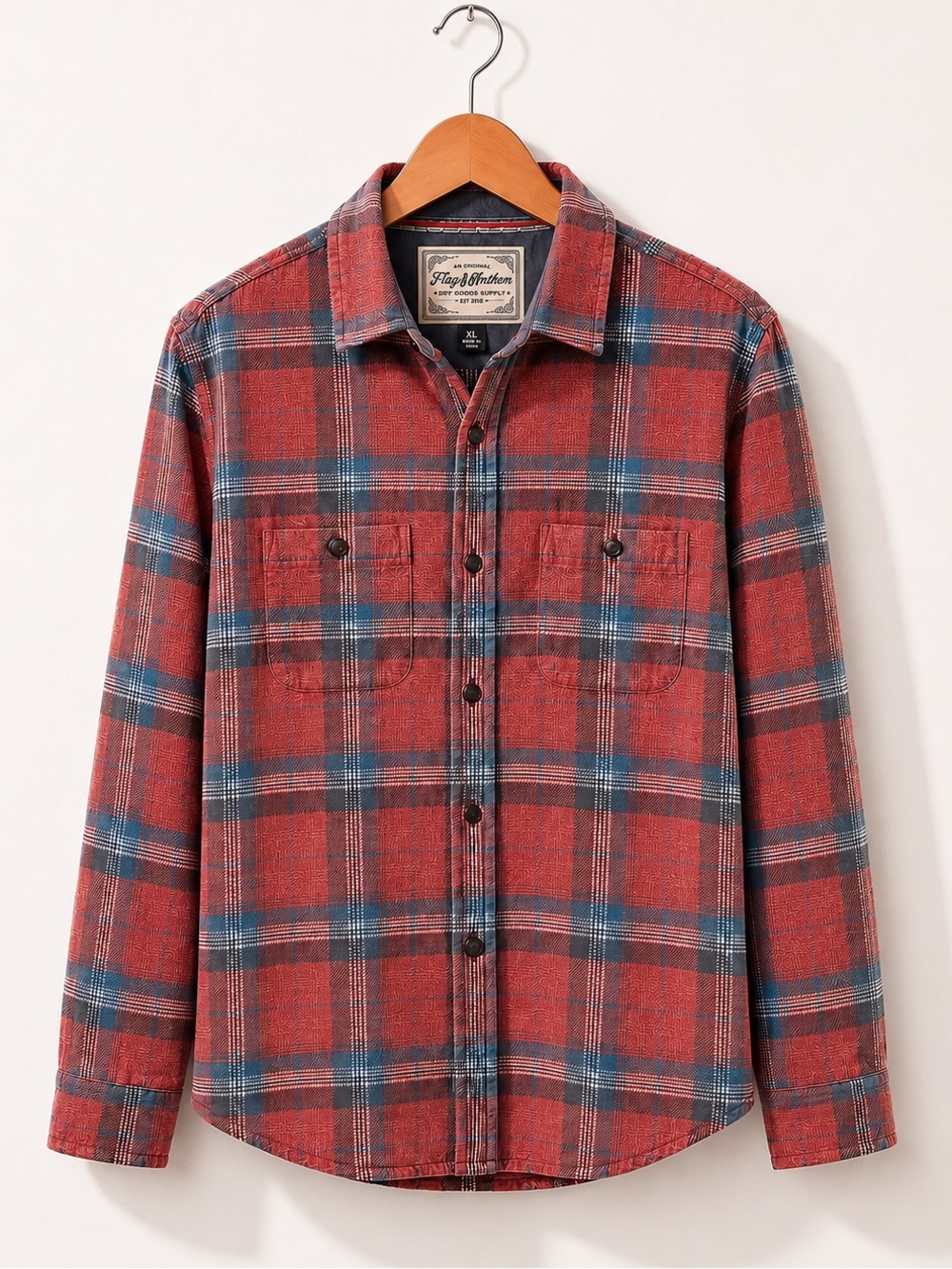 Flag & Anthem Red Plaid Button-Up Long Sleeve Cotton Shacket with Teal Accents